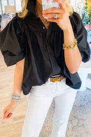 Black Ruched Puff Sleeve Loose Buttoned Up Blouse (size: (US 4-6)S)