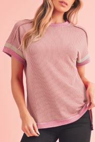 Light Pink Textured Colorblock Round Neck T Shirt (size: (US 16-18)XL)