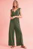 Jungle Green Deep V Pocketed Pleated Wide Leg Jumpsuit