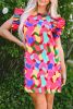 Rose Red Abstract Print Smocked Flutter Shoulder Mini Dress