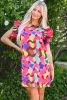 Rose Red Abstract Print Smocked Flutter Shoulder Mini Dress