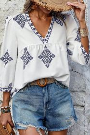 White Boho Geometric Print Bracelet Sleeve V Neck Blouse (size: (US 8-10)M)
