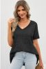 Gray Waffle Knit Casual V Neck T Shirt