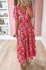 Rose Floral Flounce Sleeve Smocked Waist Tiered Maxi Dress
