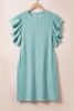 Aruba Blue Plain Crinkle Ribbed Flutter Sleeve Mini Dress