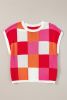 Fiery Red Checkered Color Block Cap Sleeve Knitted Top
