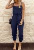 Dark Blue Pockets Drawstring Waist Spaghetti Strap Jumpsuit