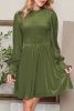 Green Smocked Lantern Sleeve Frilled Velvet Dress