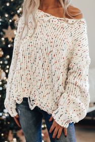 White Colorful Popcorn Knit Distressed Tunic Sweater (size: (US 16-18)XL)