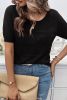 Black Plain Round Neck Hollow Short Sleeve Knit Top