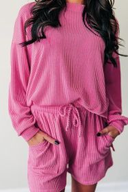Strawberry Pink Ribbed Plain Drawstring Shorts Set (size: (US 16-18)XL)