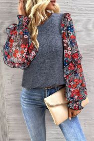 Blue Floral Ruffle Sleeve Patchwork Top (size: (US 16-18)XL)