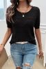 Black Plain Round Neck Hollow Short Sleeve Knit Top