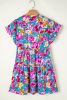 Green Colorful Floral Print V Neck Frill Tiered Dress