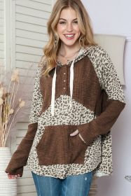 Leopard Ribbed Patchwork Kangaroo Pocket Henley Hoodie (size: (US 16-18)XL)