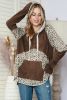 Leopard Ribbed Patchwork Kangaroo Pocket Henley Hoodie