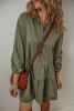 Jungle Green Puff Sleeve Buttoned Tiered Pleated Mini Shirt Dress