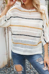 White Stripe Boat Neck Hollow Knit Top (size: (US 16-18)XL)