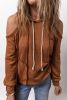 Cinnamon Exposed Seam Cold Shoulder Drawstring Hoodie