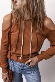 Cinnamon Exposed Seam Cold Shoulder Drawstring Hoodie (size: (US 16-18)XL)