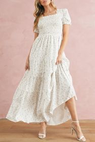 White Frill Neckline Shirred Bodice Floral Maxi Dress (size: (US 16-18)XL)