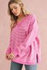 Pink Striped Scallop V Neck Split Knitted Sweater