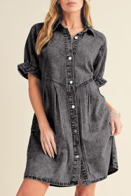 Medium Grey Mineral Washed Ruffled Short Sleeve Pocketed Denim Dress (size: (US 16-18)XL)