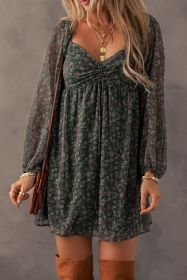 Green Ditsy Floral Print Sweetheart Neck Smocked Back Mini Dress (size: (US 16-18)XL)