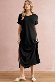 Black Solid Color Hidden Pocket V Neck Slit Maxi Dress (size: (US 16-18)XL)