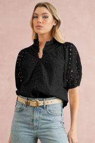 Black Hollow-out Flower Embroidered Short Puff Sleeve Blouse (size: (US 4-6)S)