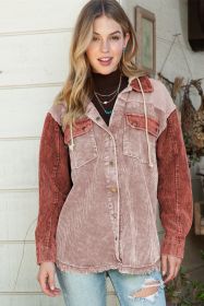 Pink Colorblock Raw Hem Hooded Corduroy Jacket (size: (US 4-6)S)