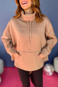 Light French Beige Drawstring Turtleneck Dolman Sleeve Sweatshirt (size: (US 16-18)XL)