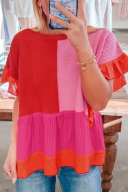 Tomato Red Mix Knitted Patchwork Ruffle Trim Loose T Shirt (size: (US 16-18)XL)