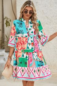 Multicolour Boho Abstract Print Flowy Tiered Dress (size: (US 16-18)XL)