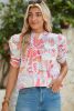 Pink Abstract Print Smocked Bubble Sleeve Blouse