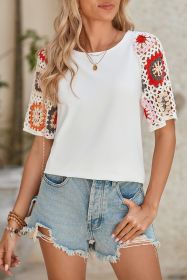 White Floral Hollowed Crochet Sleeve Boho T Shirt (size: (US 16-18)XL)
