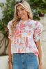Pink Abstract Print Smocked Bubble Sleeve Blouse