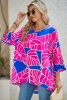 Rose Red Leaf Print V Neck Loose Blouse
