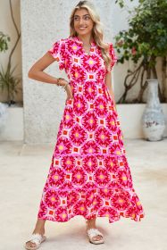 Strawberry Pink Abstract Print Pleated Flounce Sleeve Maxi Dress (size: (US 16-18)XL)