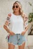 White Floral Hollowed Crochet Sleeve Boho T Shirt
