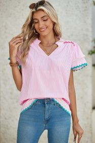 Pink Striped Ricrac Splicing Frill V-Neck Blouse (size: (US 4-6)S)