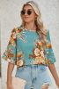 Mineral Blue Floral Print Round Neck Flounce Sleeve Blouse