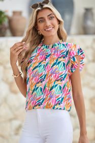 Rose Red Abstract Print Ruffled Flutter Shoulder Blouse (size: (US 16-18)XL)