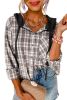 Black Checkered Print Hooded Patchwork Loose Fit Shacket