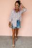Pink Checkered Print Hooded Patchwork Loose Fit Shacket
