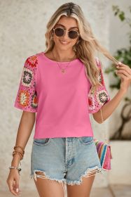 Strawberry Pink Floral Crochet Short Sleeve T Shirt (size: (US 16-18)XL)