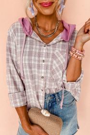 Pink Checkered Print Hooded Patchwork Loose Fit Shacket (size: (US 16-18)XL)