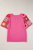 Strawberry Pink Floral Crochet Short Sleeve T Shirt