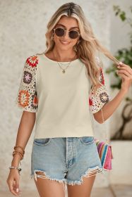 Parchment Hollowed Floral Crochet Sleeve Boho T Shirt (size: (US 16-18)XL)