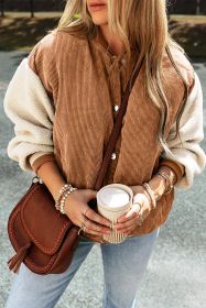 Buckskin Corduroy Fleece Patchwork Buttoned Bomber Coat (size: (US 4-6)S)